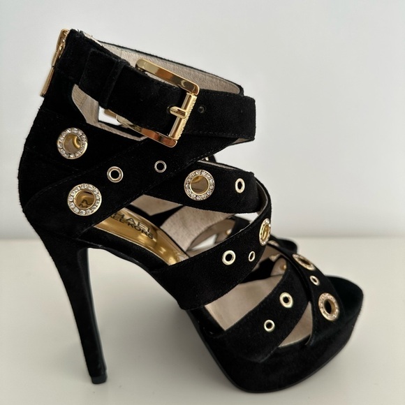 Michael Kors Delilah Grommet Platform suede ankle strap heels size 5 1/2 black - Picture 10 of 15